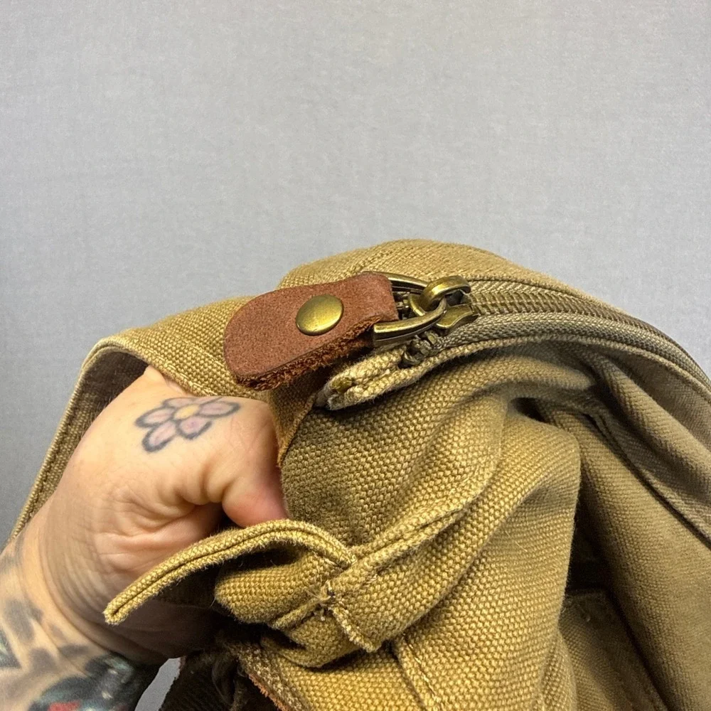S.C. Cotton Military Messenger Bag Khaki Canvas Leather Trim Crossbody Satchel